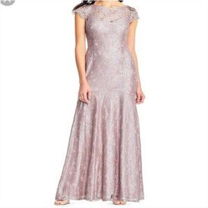 ADRIANNA PAPELL Embellished Metallic Lace Gown Dress 14 Blush Mother Wedding